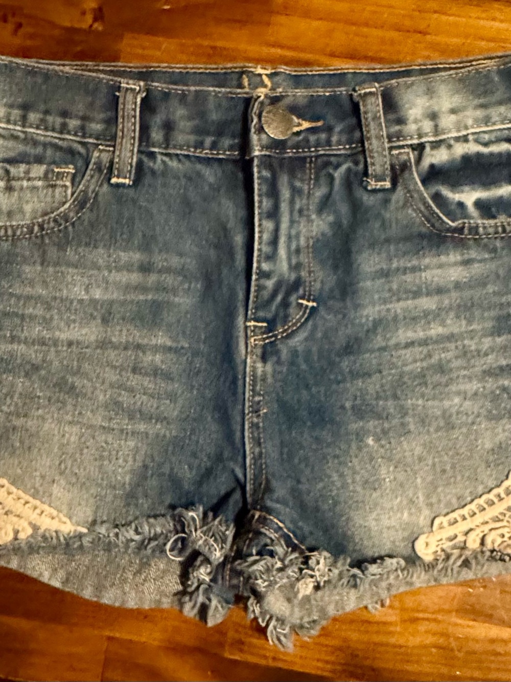 Reign Blue Distressed Lace-Trim Jean Shorts